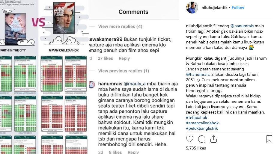 Ni Luh Djelantik mengunggah ulang postingan Hanum Rais yang menuding Ahoker borong tiket film A Man Called Ahok.