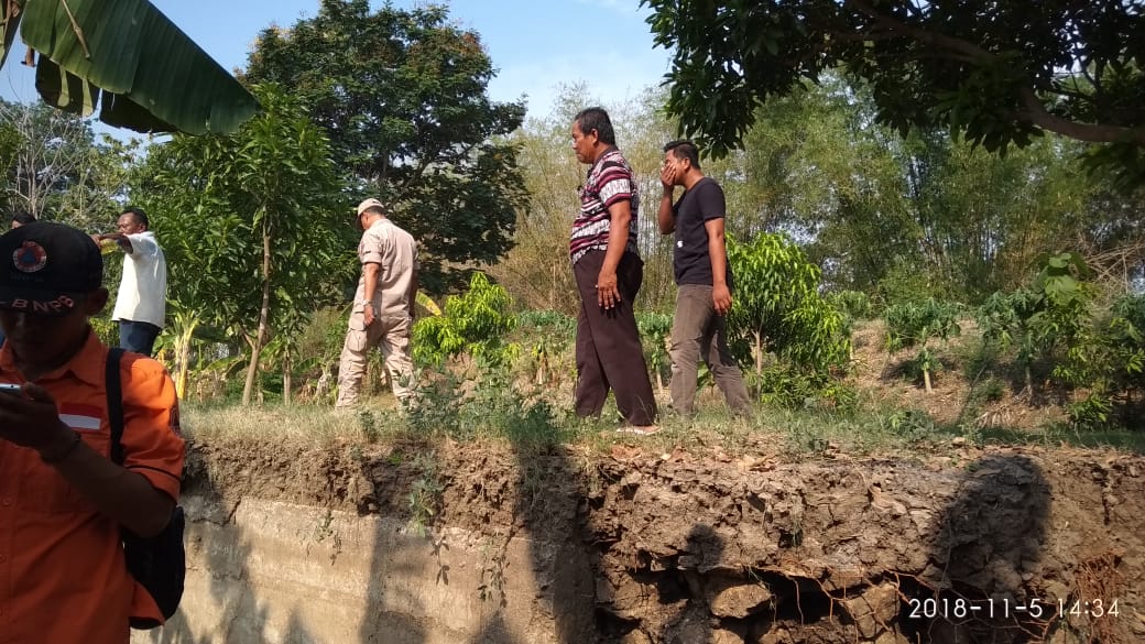 Tanggul sungai Bengawan Solo ambles. Kondisi ini akan rawan jebol apabila curah hujan tinggi sehingga air sungai Bengawan Solo tinggi. (Foto: Totok/ngopibareng.id)