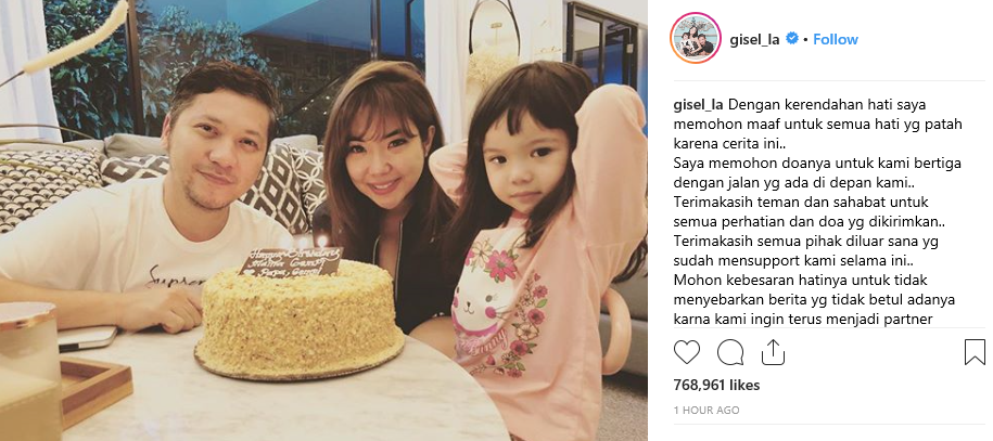 Permintaan maaf Gisella Anastasia di Instagram karena gugat cerai Gading Marten.