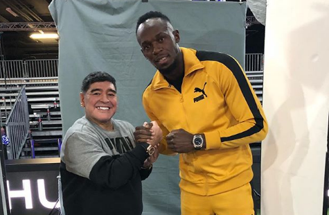 Diego Maradona dan Usain Bolt saat bertemu di Swiss pada Maret 2018 lalu. (Foto: Instagram/@usainbolt)