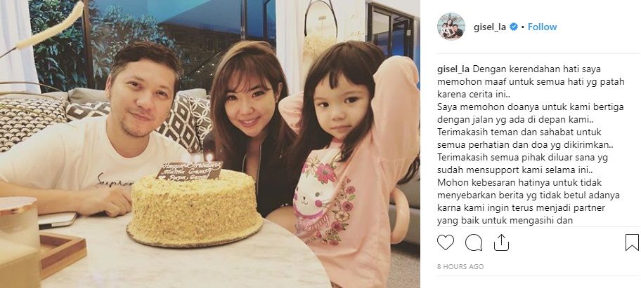 Permohonan maaf Gisella Anastasia atas perceraiannya dengan Gading Marten. Foto: Instagram/gise_la.
