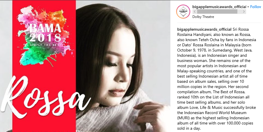 Profil Rossa di Instagram Big Apple Music Awards (BAMA) 2018.