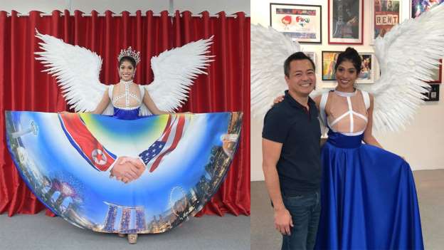 Miss Universe Singapore 2018, Zahra Khanum bersama desainer gaun perdamaian dunia, Moe Kasim.