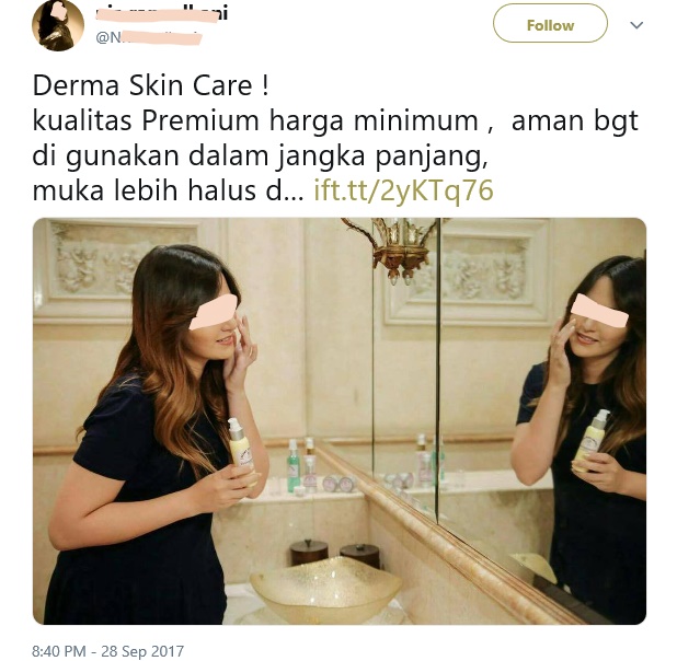 NIa Ramadhani diduga promosi Derma Skin Care di akun Twitternya.