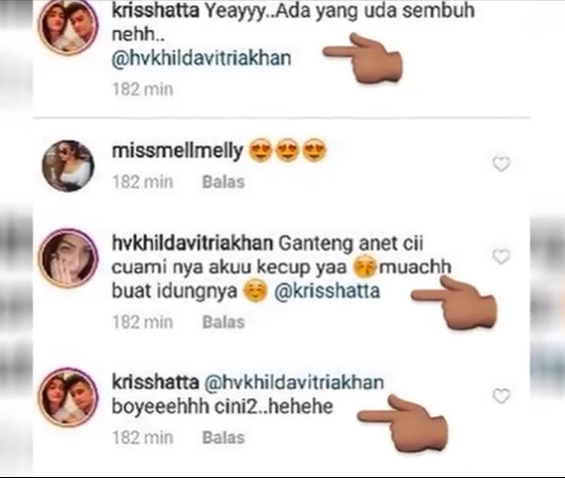 Bukti percakapan mesra Hilda Vitria dan Kriss Hatta di Instagram pada 2016 lalu.