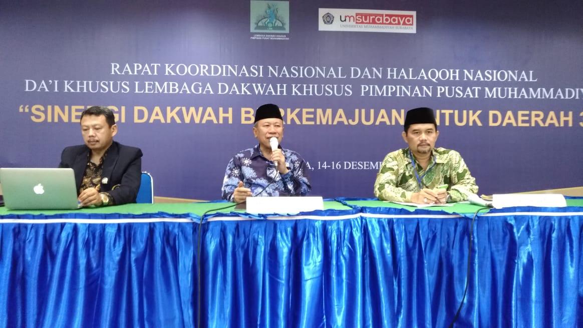 PESAN: Syafiq A Mughni Rakornas Lembaga Dakwah Khusus (LDK) PP Muhammadiyah dan Halaqah Da’i Muhammadiyah di kampus Universitas Muhammadiyah Surabaya. (Foto: md for ngopibareng.id)