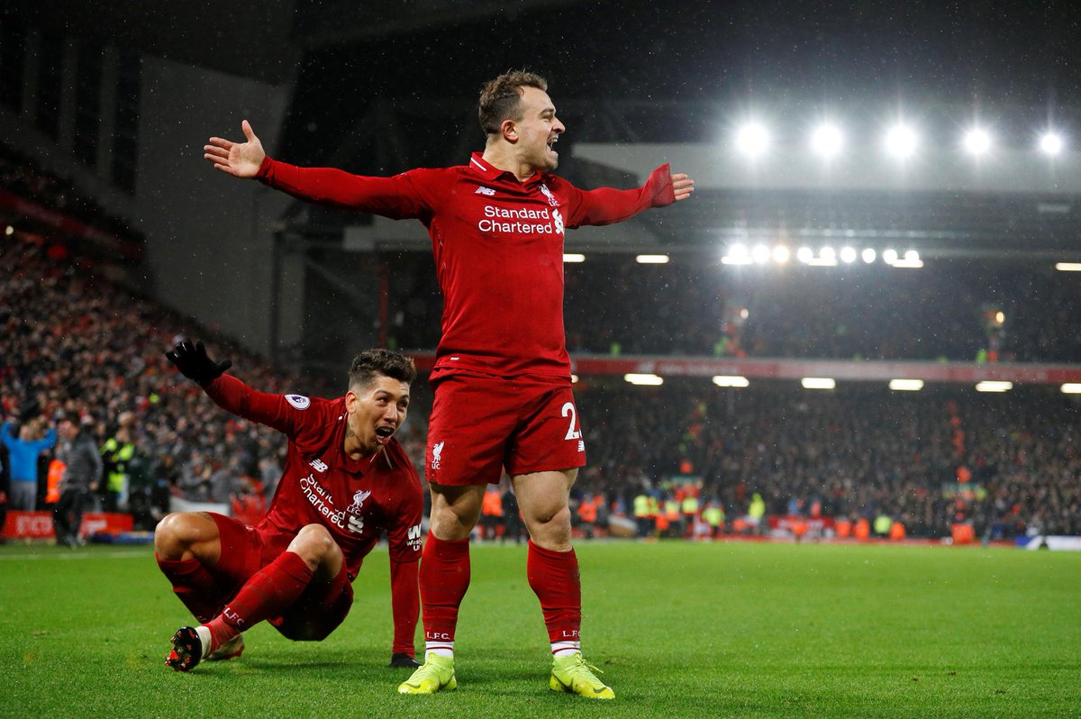 Shaqiri usai mencetak gol pertama pada menit ke 73. Pemain timnas Swiss ini akhirnya berhasil membawa Liverpool unggul 3-1, Senin, 17 Desember 2018. (Foto: Phil Noble/Reuters)