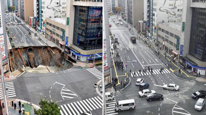 Kondisi Jalan Fukuoka, Jepang ambles (kiri), langsung mulus hanya dalam waktu 7 hari (kanan).