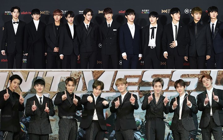 Wanna One (atas) dan EXO sama-sama meraih 2018 Korea Popular Music Award kategori Popularity Award.