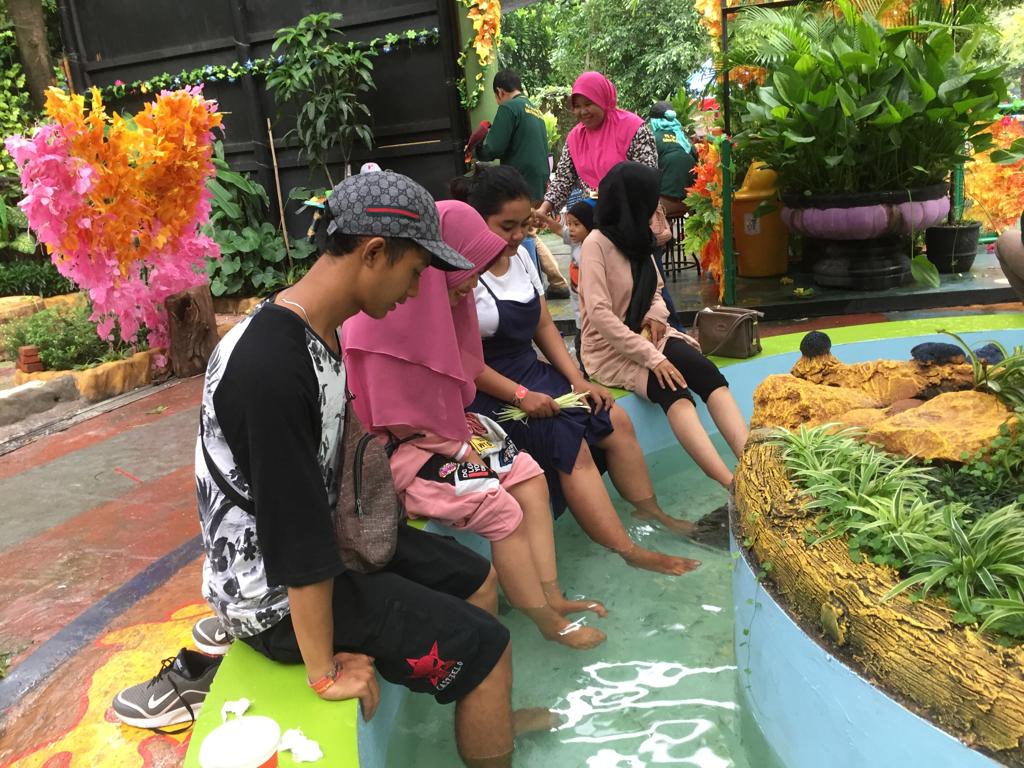 Para pengunjung KBS menikmati terapi ikan. (Foto: Amanah/ngopibareng.id)
