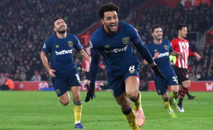 Pemain West Ham United Felipe Anderson merayakan golnya ke gawang Southampton, Jumat dini hari.  (Foto:Hannah McKay/Reuter)