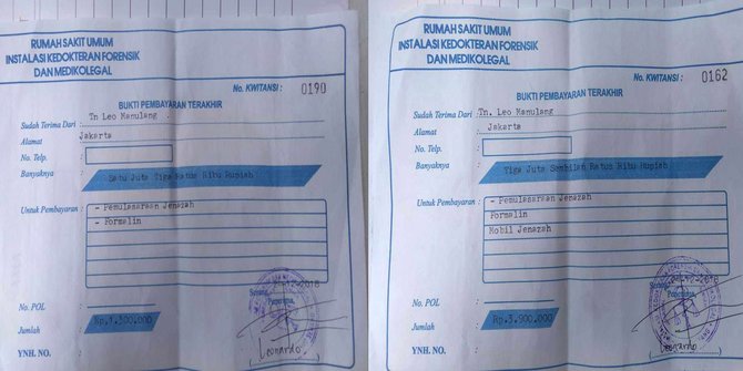 Kuitansi yang dikeluarkan untuk biaya pengambilan jenazah korban tsunami Banten.