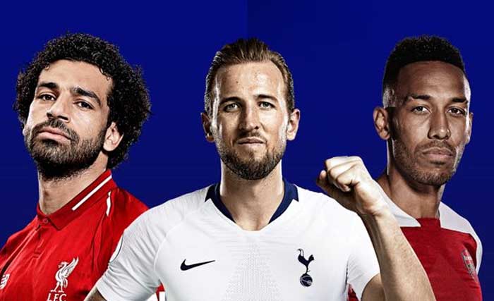 Mohamed Salah, Harry Kane dan  Pierre-Emerick Aubameyang, sama-sama mengemas 13 gol. (Foto:SkySports)