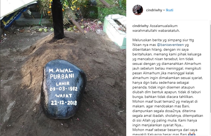 Klarifikasi pihak keluarga terkait hilangnya nisan Bani. (Foto: Instagram)