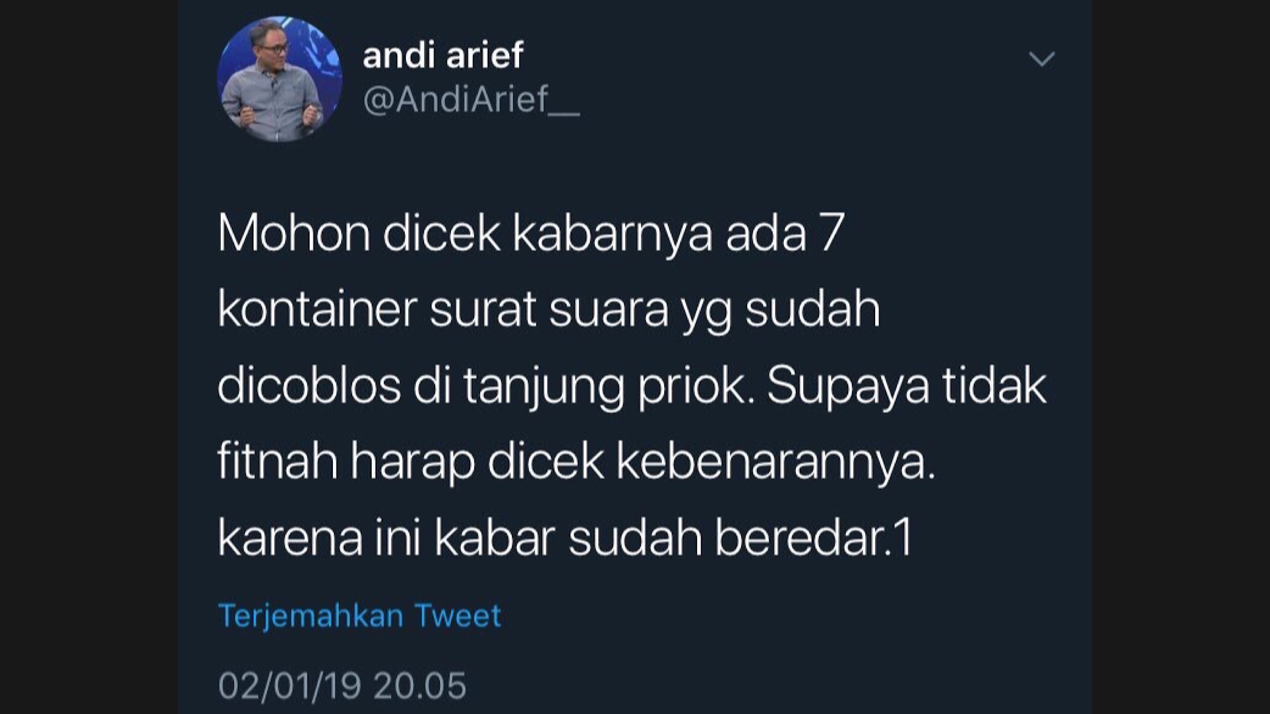 Cuitan Andi Arief yang bikin kontroversial tentang tujuh kontainer surat suara. (Foto: Twitter)