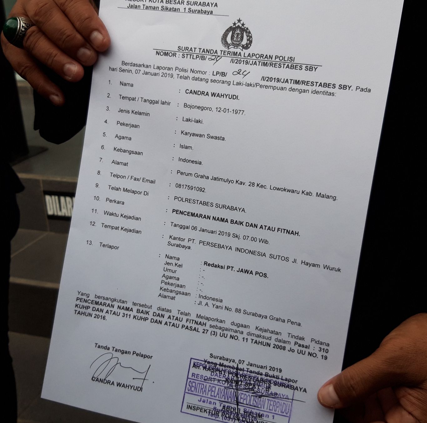 Bukti terima laporan Persebaya di Polrestabes Surabaya. 
