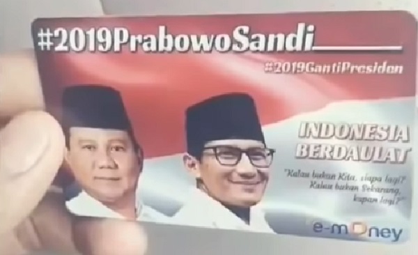 e-money bergambar pasangan calon nomor urut 02 Prabowo Subianto-Sandiaga Salahuddin Uno. 