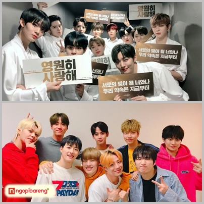 Wanna One (atas) dan boygrup UNB.