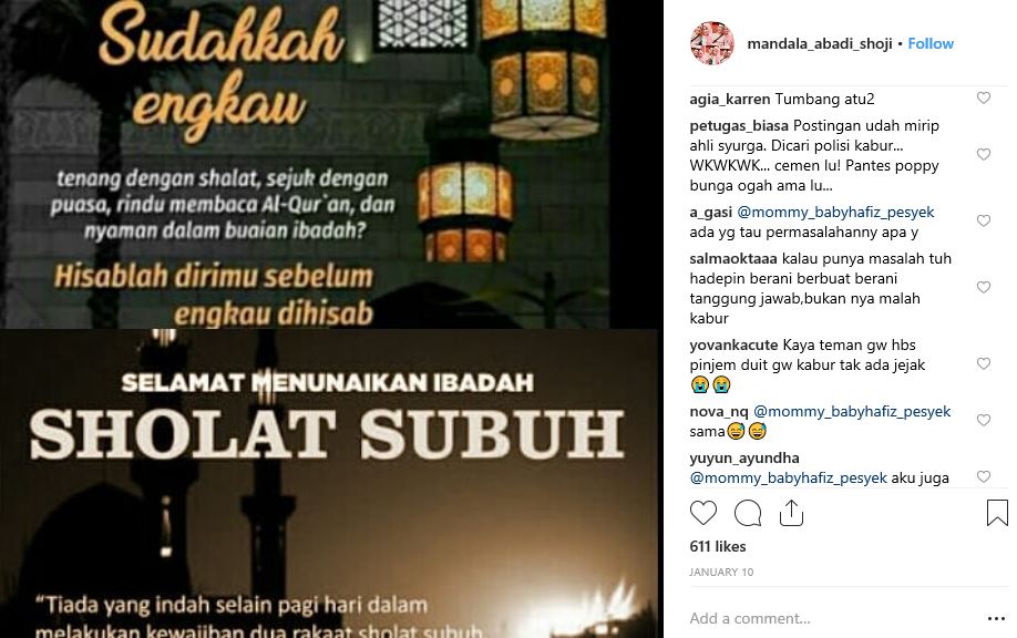 Unggahan terakhir Mandala Shoji di Instagram dikomentari negatif oleh netizen.