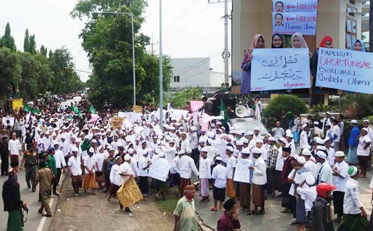 Ribuan santri berdemo memrotes puisi Fadli Zon di depan DPRD Kabupaten Probolinggo. Insert: Santriwati ikut berdemo. (Foto: Ikhsan/ngopibareng.id)