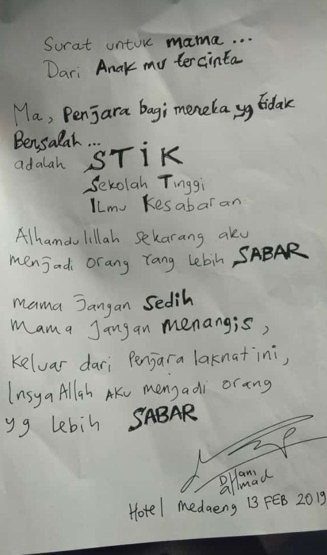 Surat yang ditulis Ahmad Dhani. (foto: Istimewa) 