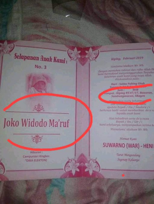 Foto surat undangan selapanan atau syukuran usia 35 hari bayi bernama Joko Widodo Ma'ruf ini viral