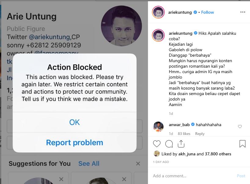 Instagram memberikan peringatan jika akun Arie Untung berbahaya untuk diikuti.