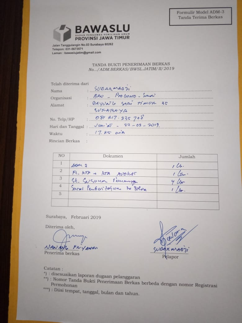 Berkas laporan BPP ke Badan Pengawas Pemilu (Bawaslu). (Foto: Istimewa)
