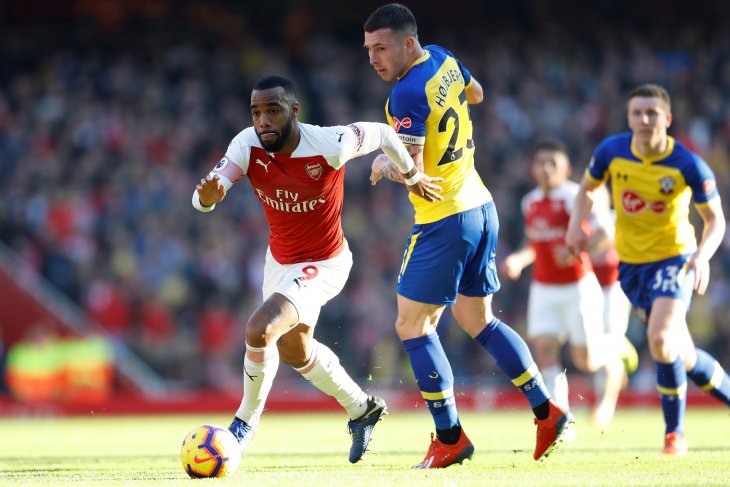 Pemain Arsenal Alexandre Lacazette beraksi ketika melawan Southampton di laga lanjutan Liga Premier di Stadion Emirates, London, Minggu, 24 Februari 2019. (Foto: Antara))