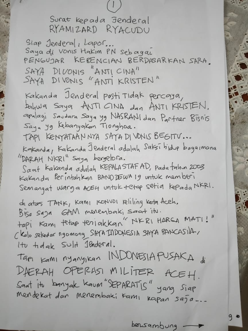 lembar pertama Surat Ahmad Dhani kepada Menteri Pertahanan. (Foto: Istimewa)