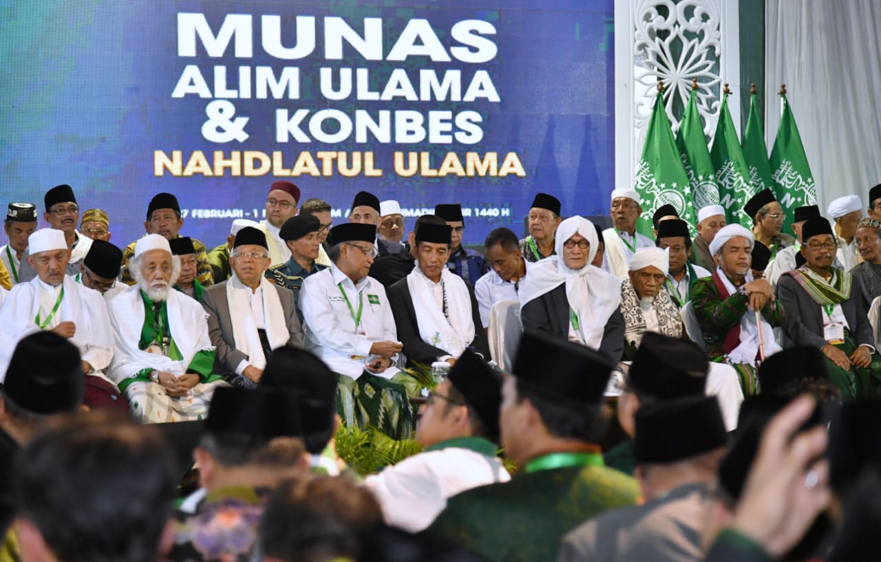 Presiden Joko Widodo Musyawarah Nasional Alim Ulama dan Konferensi Besar Nahdlatul Ulama 2019 di Pondok Pesantren Miftahul Huda Al-Azhar,  Citangkolo, Kota Banjar, Jawa Barat. (Foto: nu for ngopibareng.id)