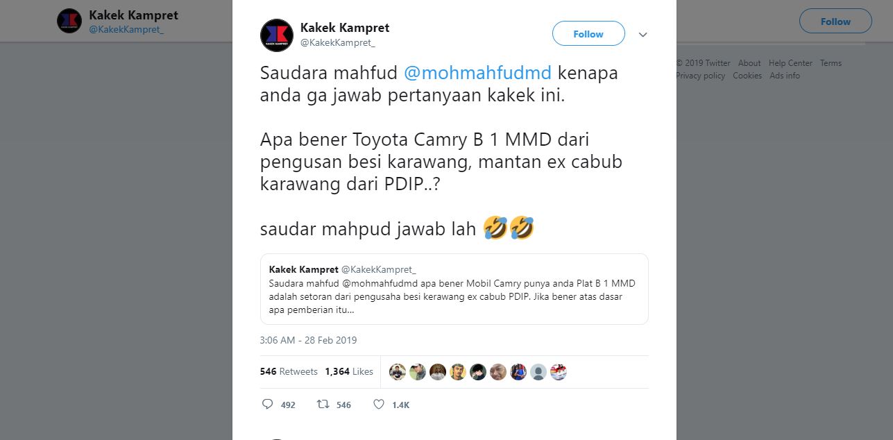 Cuitan Kakek Kampret yang dipolisikan Mahfud MD. (Foto: capture twitter)