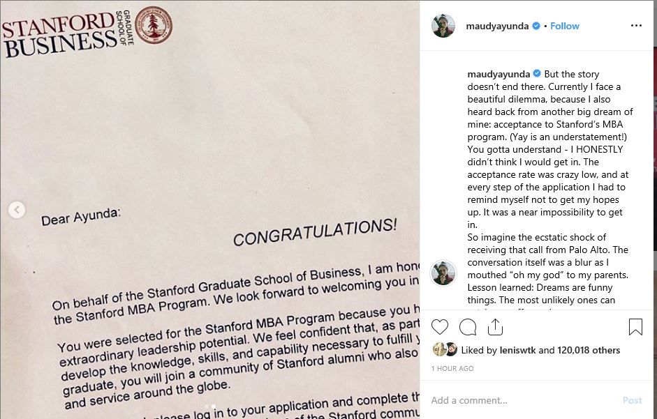 Standford University juga menerima dirinya untuk program MBA.