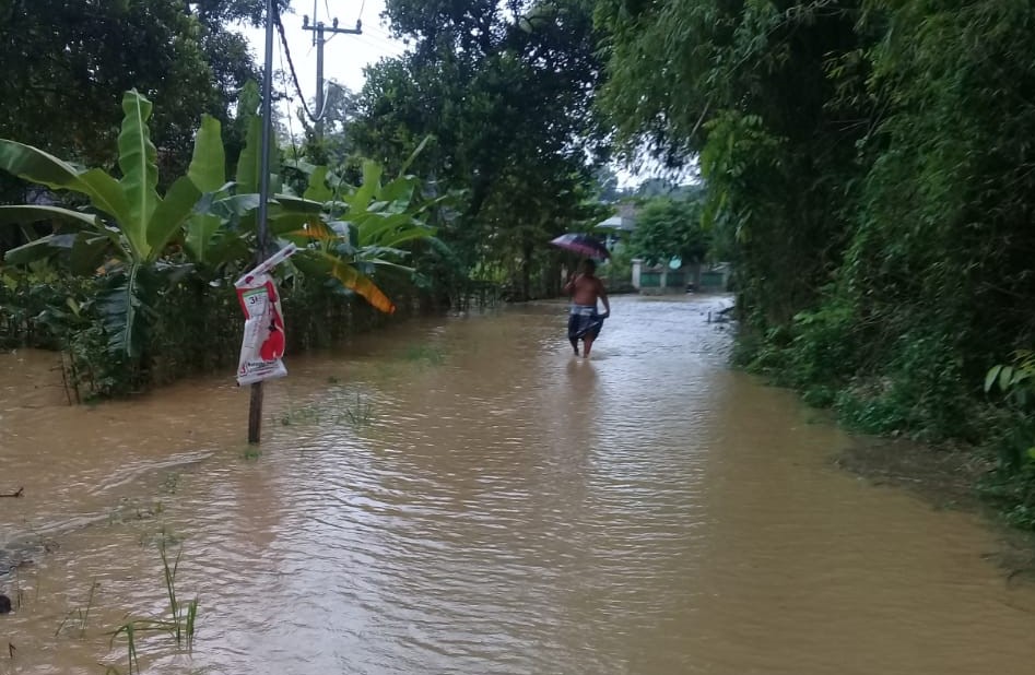 Seorang warga melintas di Jalan pedesaan yang tergenang banjir setinggi lutut orang dewasa. (Foto: BPBD Bojonegoro)