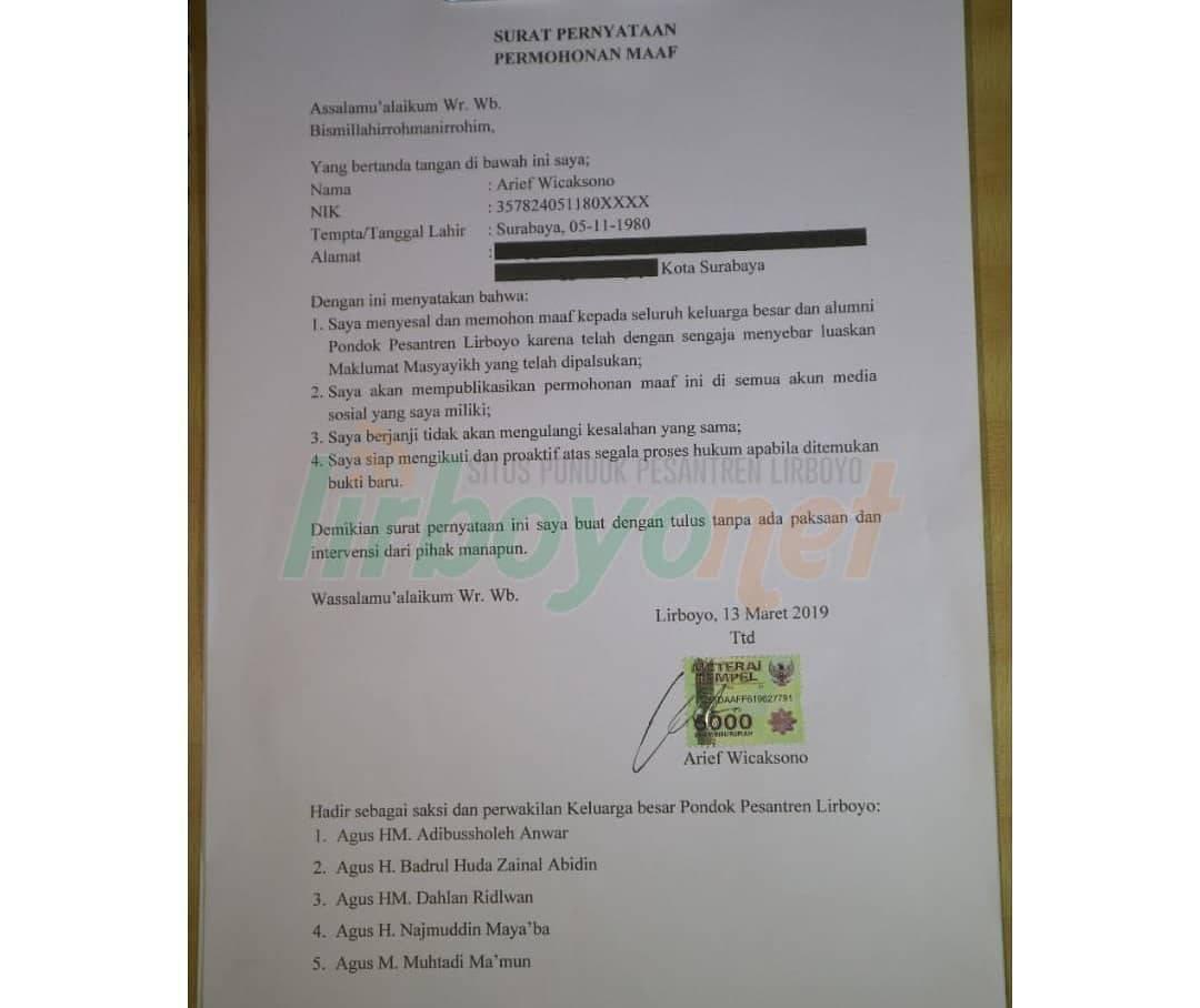 Pernyataan permohonan maaf dari Arief Wicaksono. (Foto: istimewa)