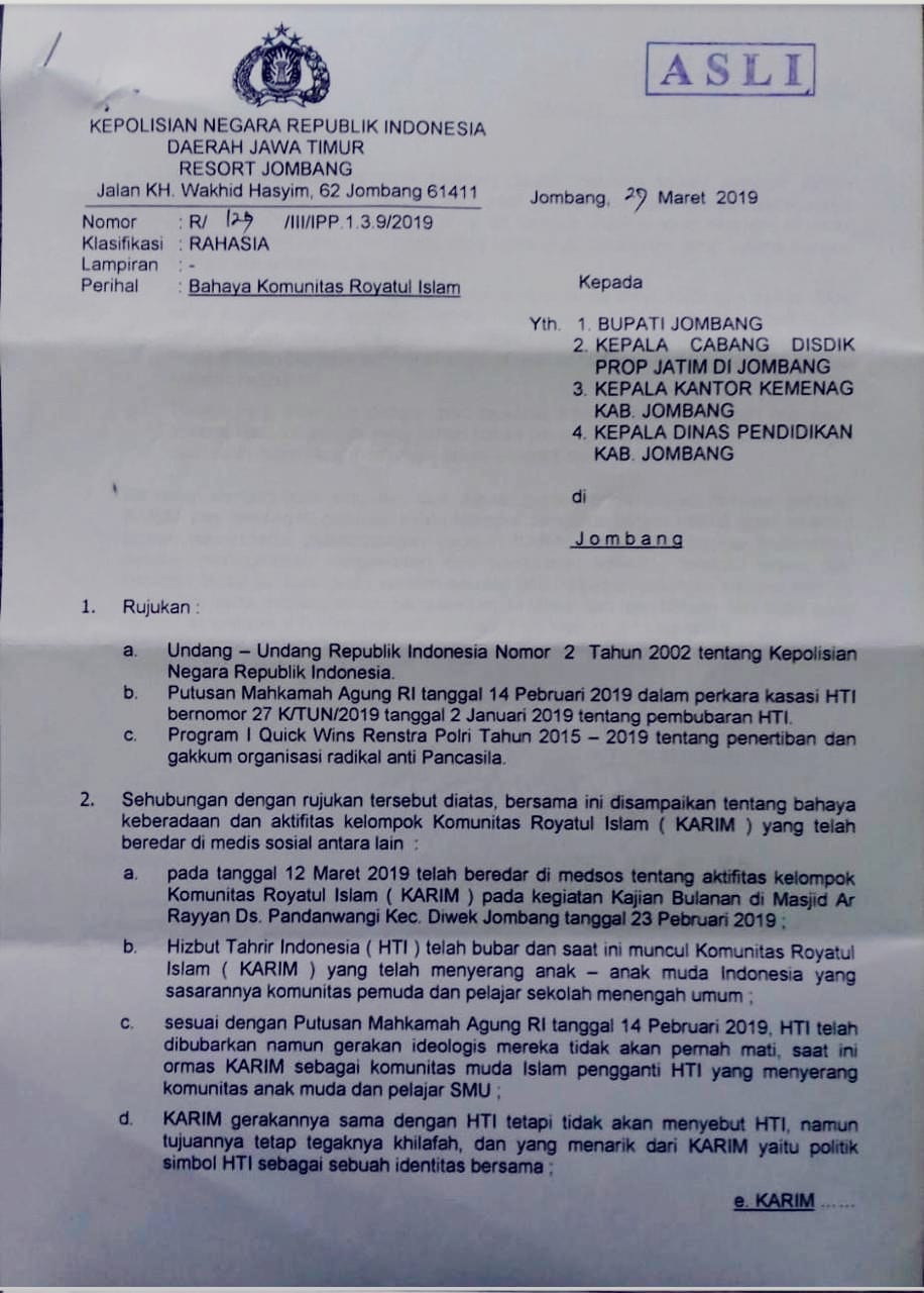 Dalam surat yang ditandatangani oleh oleh Kapolres Jombang AKBP, menyebut jika HTI bereinkarnasi dengan dengan baju baru