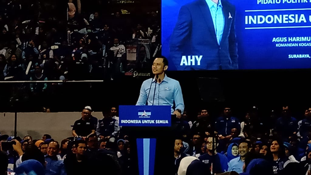 AHY saat berpidato di DBL Arena, Surabaya, Sabtu 13 April 2019. (Foto: Farid /ngopibareng.id) 