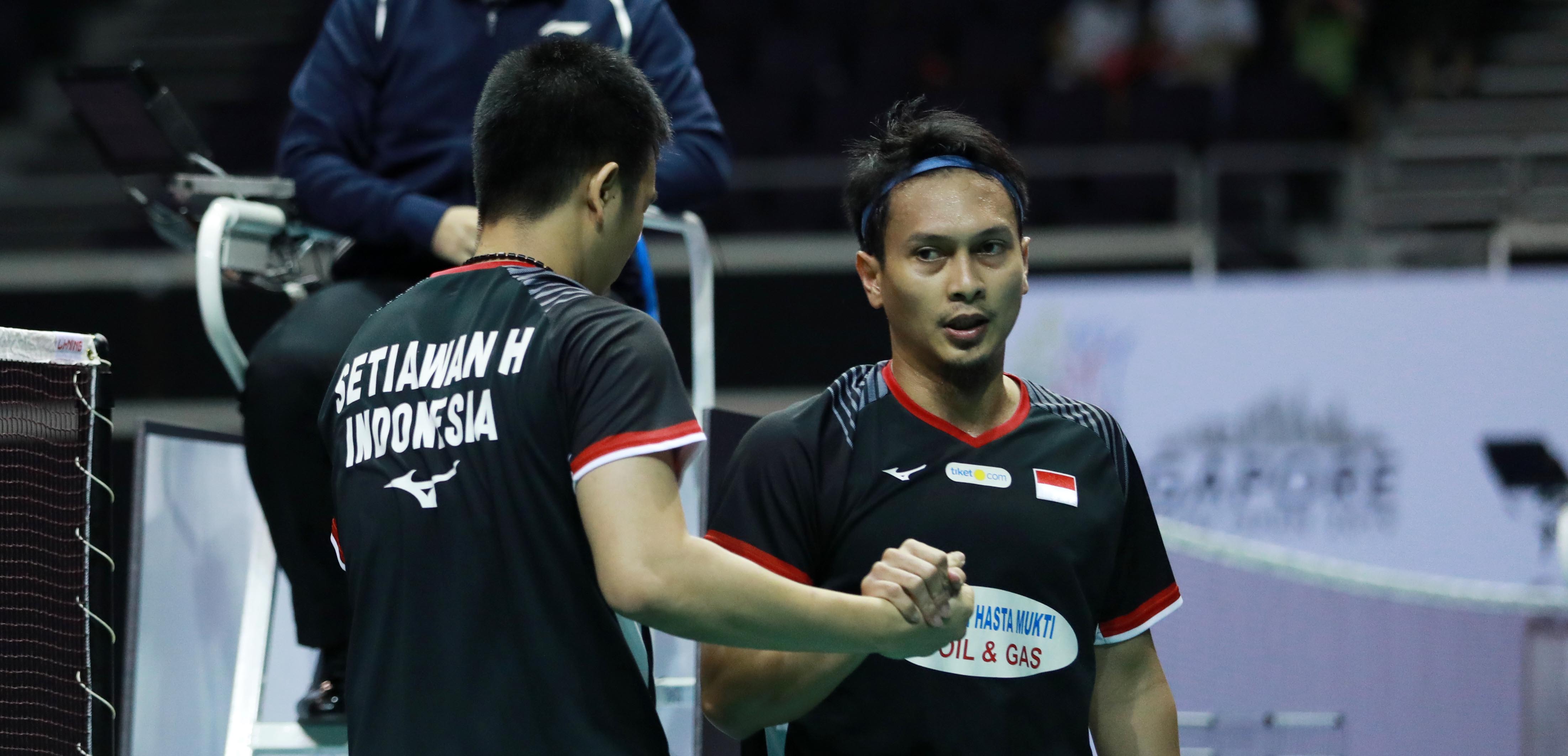 Hendra/Ahsan saat bertanding di babak semifinal Singapura Terbuka 2019. (Foto:PBSI)