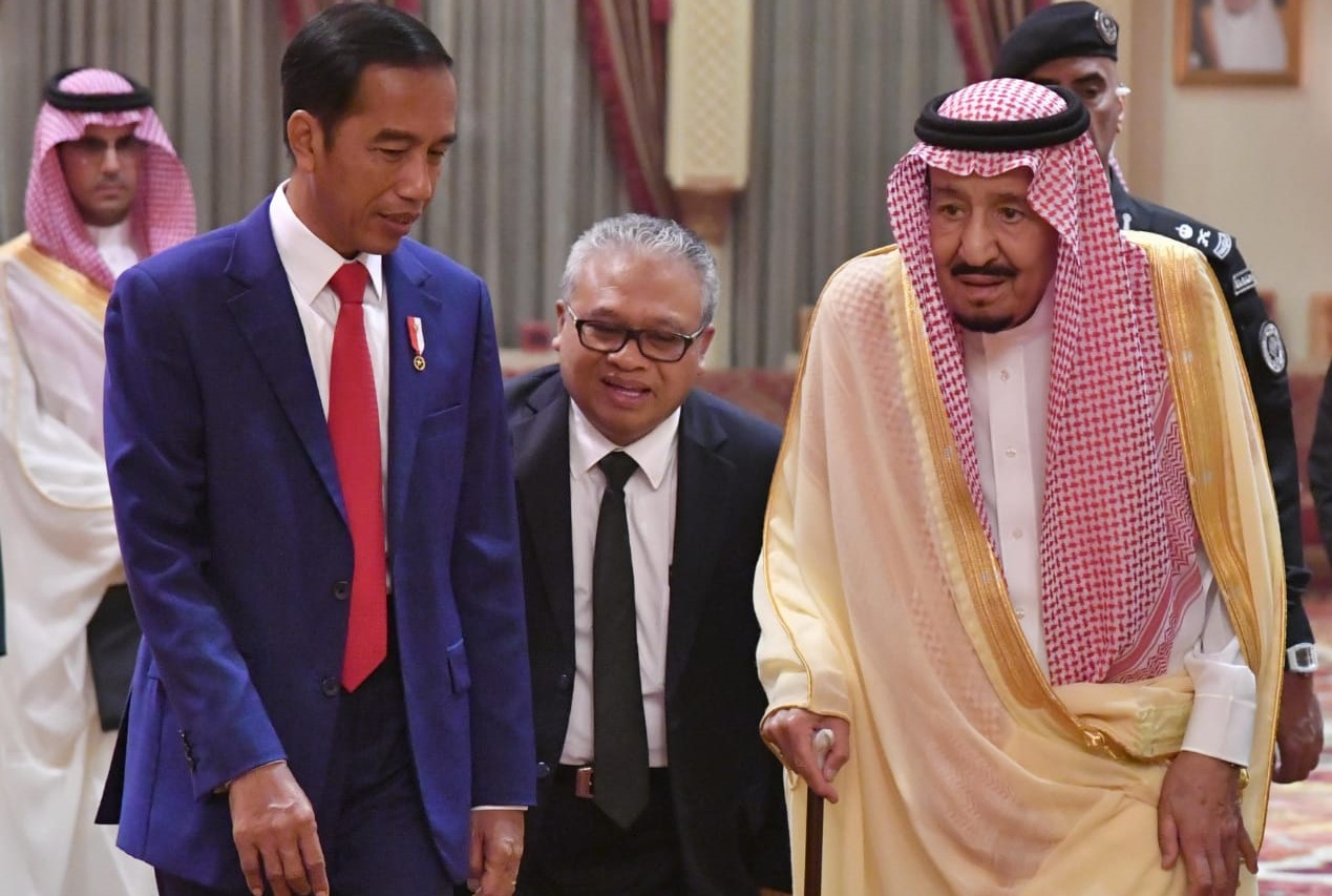 Presiden Jokowi bertemu dengan Raja Salman di Istana pribadi raja Al Qasr Al Khas, Minggu, 14 April 2019. (Foto: BPSP/ngopibareng.id)