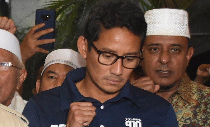 Ekspresi Sandiaga Uno saat deklarasi kemenangan Prabowo. (Foto: Antara)