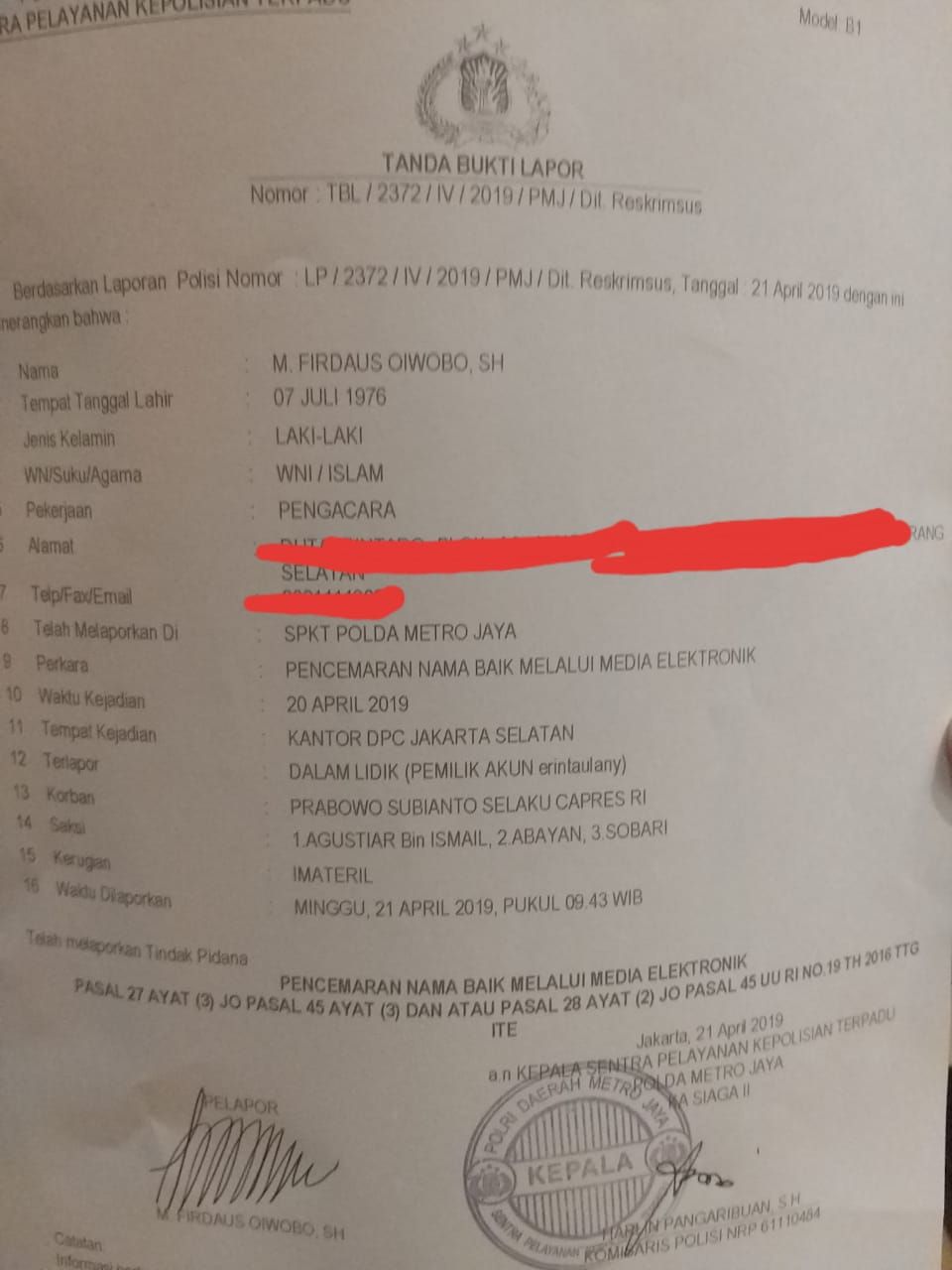 Bukti surat laporan yang dilakukan seorang pengacara bernama M. Firdaus terhadap akun Instagram @erintaulany, diduga melakukan penghinaan terhadap Prabowo Subianto.