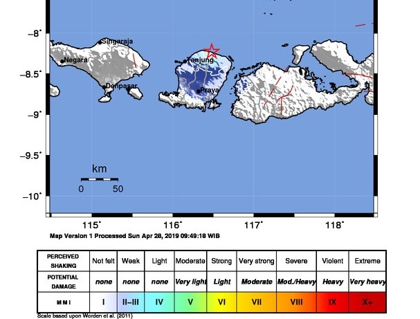 titik pusat gempa di Lombok Utara. (Foto: BMKG)