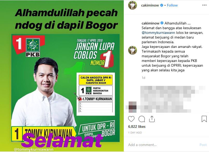 Ucapan selamat disampaikan oleh Ketua Umum PKB lewat unggahan di Instagram pribadinya, @cakimin.