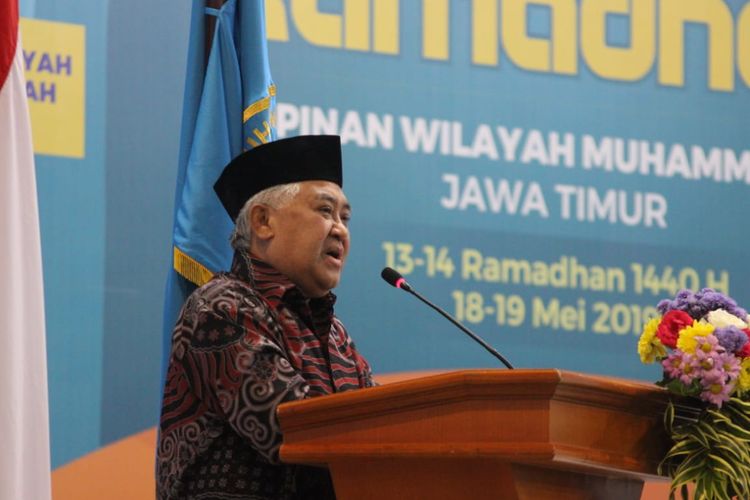 Mantan Ketua Umum Pimpinan Pusat Muhammadiyah, Din Syamsuddin saat menghadiri Kajian Ramadhan oleh PWMU Jawa Timur di Universitas Muhammadiyah Malang (UMM), Minggu, 19 Mei 2019. (Foto: Antara)