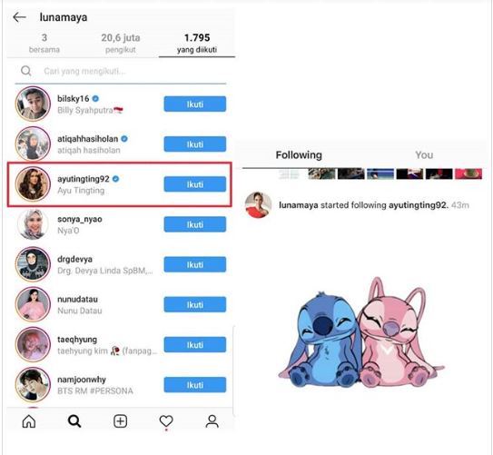 Dalam daftar orang yang Luna Maya follow, terlihat nama Ayu Ting Ting.