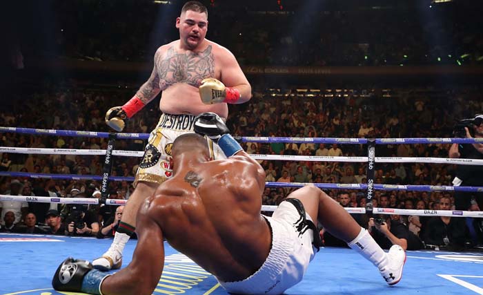 Andy Ruiz Jr (berdiri), memukul jatuh  juara dunia tinju kelas berat asal Inggris, Anthony Joshua, Minggu pagi WIB 2 Juni 2019 di Madison Square Garden, New York. (Foto:SkayNews)