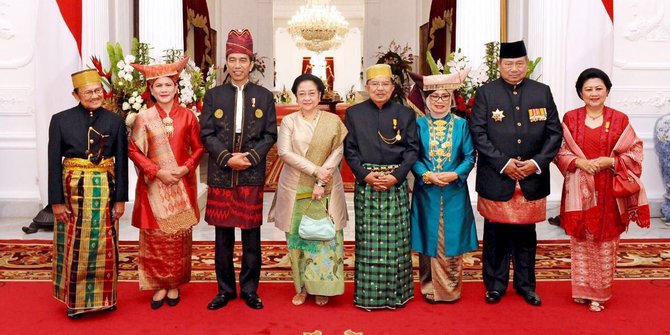 Megawati Soekarnoputri bertemu Susilo Bambang Yudhoyono dan istri, Ani Yudhoyono, saat Upacara 17 Agustus 2017 di Istana Merdeka, Jakarta.