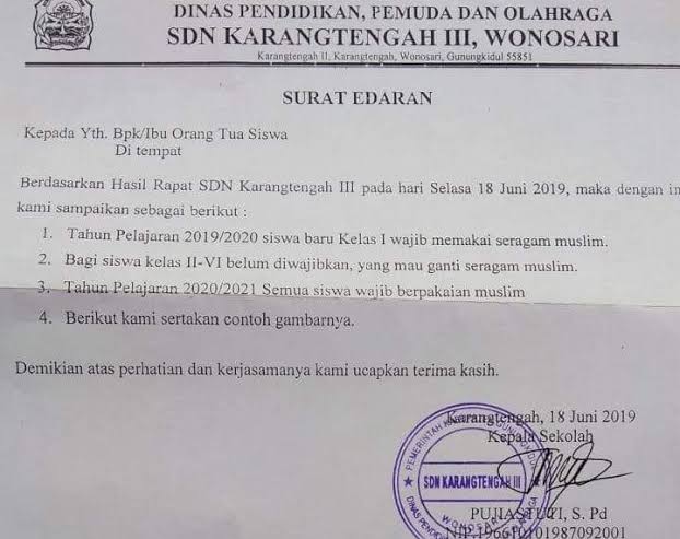 Surat edaran mengundang polemik besar soal siswa wajib memakai baju muslim. (Foto:Istimewa)