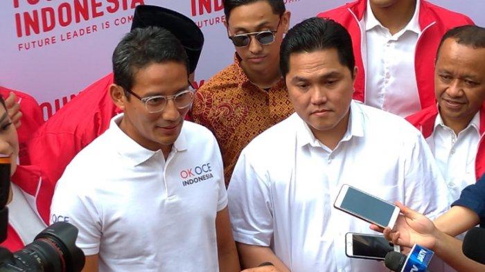 Sandiaga Uno untuk pertama kalinya bertemu dengan sahabatnya yang berbeda pilihan politik di Pilpres 2019, yakni Erick Thohir. (Foto: ist/ngopibareng.id)