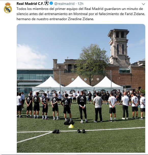 Semua anggota tim utama Real Madrid mengheningkan cipta selama satu menit menjelang pelatihan di Montreal, untuk Farid Zidane, saudara dari pelatih Zinedine Zidane.